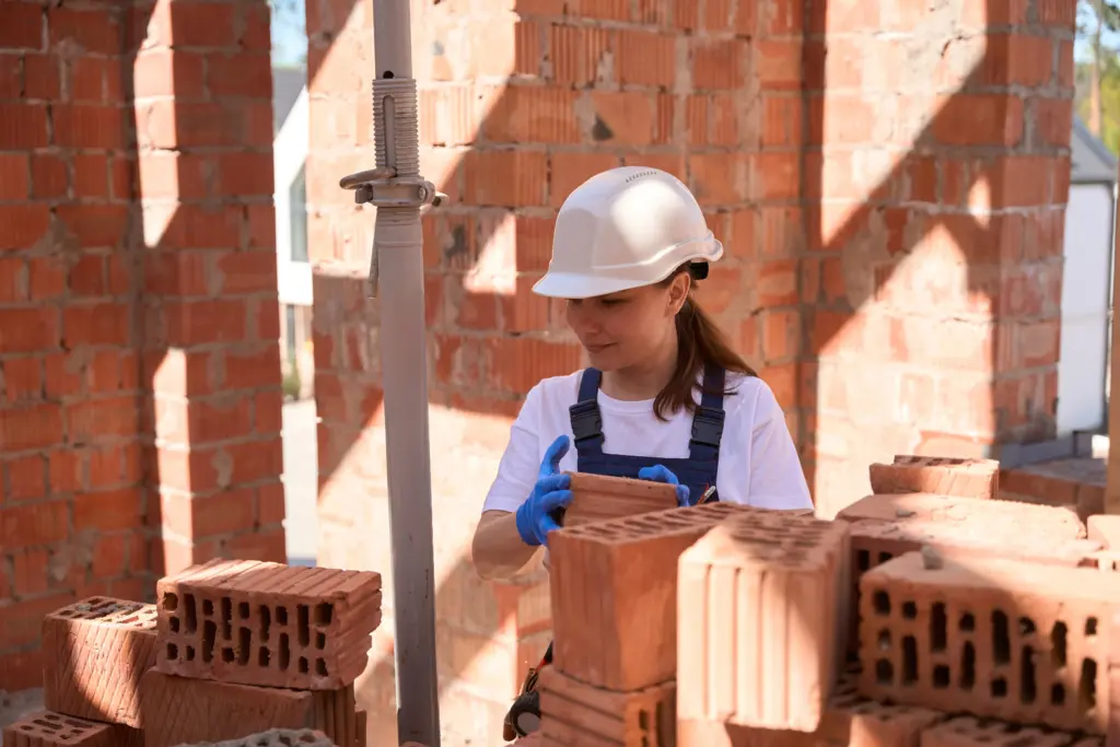A female bricklayer sorting bricks in front of semi-constructed brick walls.