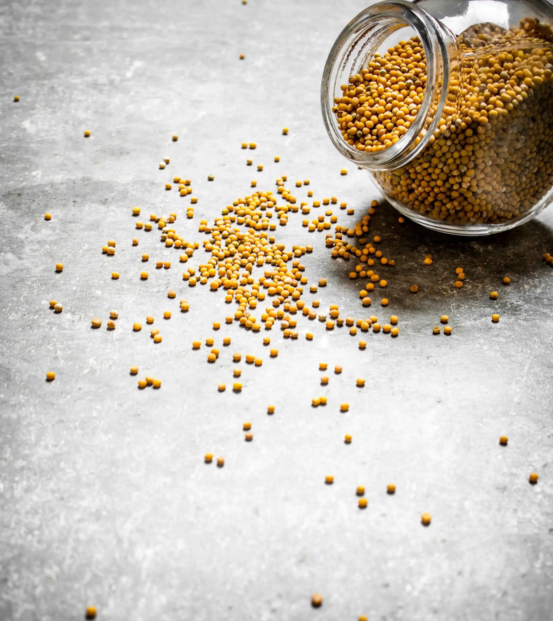 Mustard seeds in a glass jar set on a bench, with some of the seeds spilled out onto the bench.